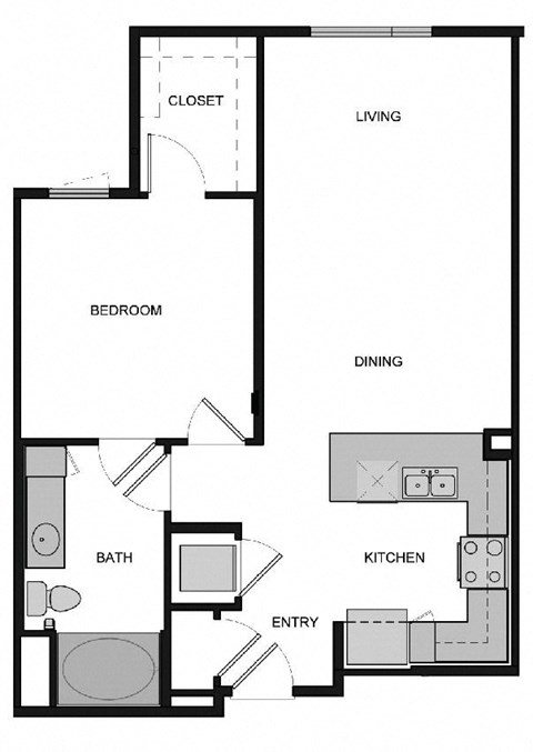Floor plan for 1 bed, 1 bath, 768 sqft